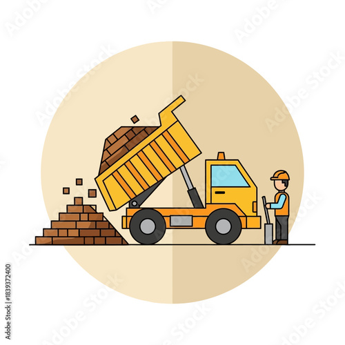 Construction Illustration: A Dump Truck Unloading Bricks Beside Construction Worker Design element