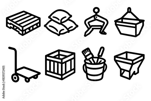 Material Handling Icons. Material Transfer Elements linear set: block pallet, sandbag pile, lifting clamp, concrete tray, dolly cart, carry crate, tool bucket, transfer chute.