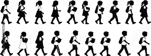 Children walking to school vector silhouette set, with backpacks and books, students group going education, back to school concept, for graphic design, on white. (24 words)