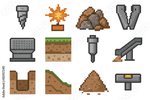 Rock & Earthwork Icons. Rock & Earthwork Elements set of icons in flat pixel vector style: drill head, blasting charge symbol, rubble pile, crusher jaws, vibrating screen, soil