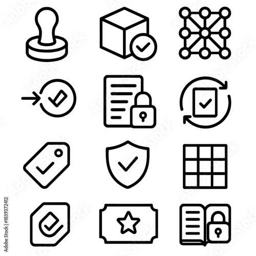 Data Security Icons. Reliable Data Set linear set: integrity stamp, validated block, consistent pattern row, hash symbol, audit log arrow, secure record lock, version icon, clean