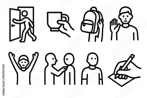 Everyday Motion Icons. Everyday Motion Icons linear set: open-door push, cup-lift gesture, typing hands, backpack lift, calm hand signal, stretching arms, tap-on-shoulder cue, note