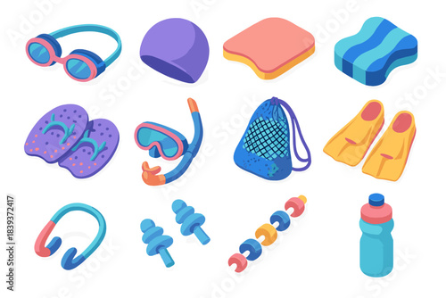 Colorful Swim Gear. Swimming Equipment flat isometric set: swim goggles, silicone swim cap, kickboard, pull buoy, hand paddles, snorkel tube, mesh gear bag, pool fins, nose clip,