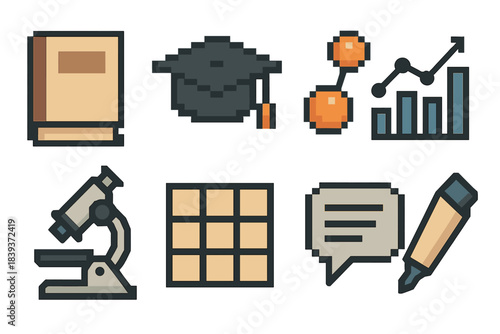Academic Icons Collection. Academic Knowledge pixel style set: textbook, graduation cap, research nodes, data chart, microscope, structured grid, lecture bubble, academic marker.