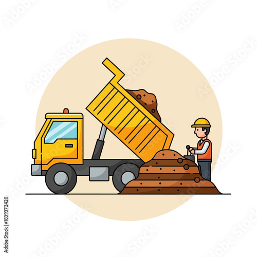 Cartoon illustration of a dump truck unloading soil with construction worker present