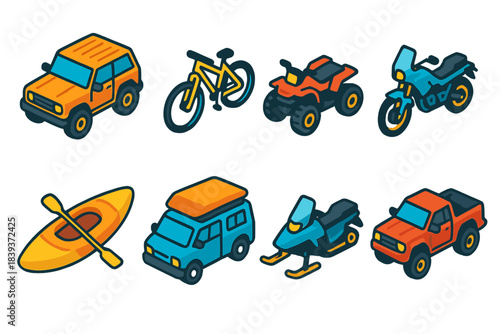 Adventure Vehicle Icons. Outdoor Adventure Vehicles isometric flat set: off-road SUV, mountain bike, rugged ATV, adventure motorcycle, rafting kayak, compact camper van, snowmobile
