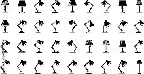 Black Silhouette Vector Set of Desk Lamps and Table Lamps, Home Lighting Fixture, Office, Furniture, Illumination, Different Styles, Collection.