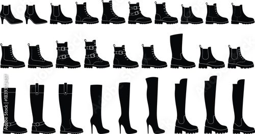 Set of 34 different boot silhouettes for women and men, including ankle, calf, knee, and thigh-high styles, casual and high-heel options, flat vector illustration isolated on white