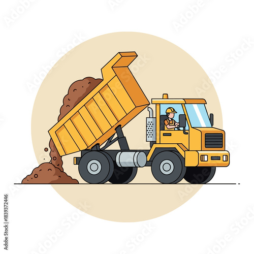 Illustration of a construction worker operating a dump truck to unload material for infrastructure
