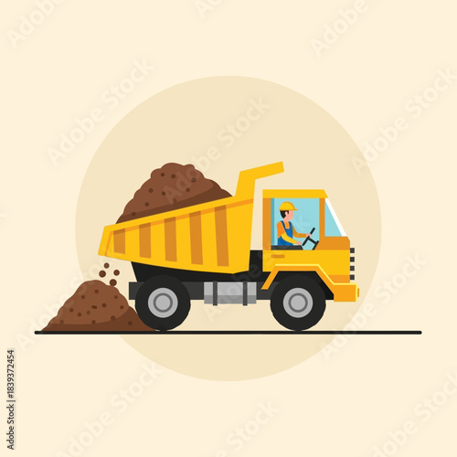 Illustration of a vibrant yellow dump truck transporting soil on a construction site
