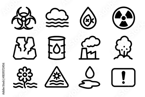 Eco-Risk Icon Set. Eco Risk Indicators linear set: toxic symbol, pollution haze, tainted water drop, radiation circle, soil danger patch, hazardous drum, smoke hazard cue, dust