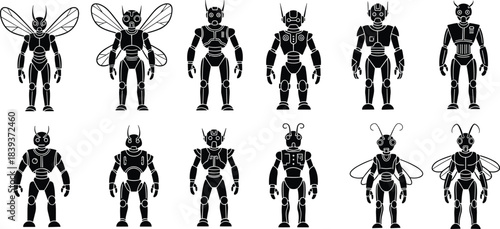 Black Silhouette Vector Set of Sci-Fi Robot Characters, Androids, Cyborgs, Humanoid Figures, Technology, Future, Insectoid Design, Automation.