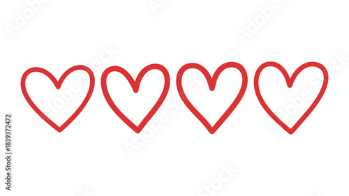A simple, minimalist illustration of four red outlined hearts for love and romance themes