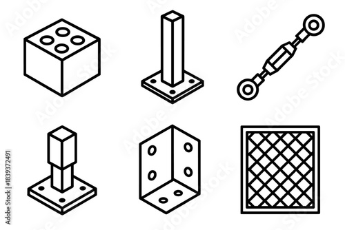 Structural Components Icons. Weight-Supporting Parts linear set: foundation block, sturdy post, tension rod, beam bracket, footing base, lattice panel.
