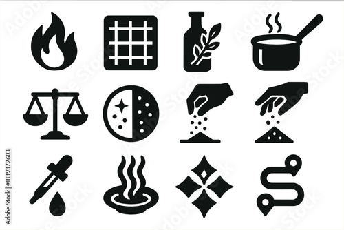 Flavor Icons Vector. Advanced Flavor Building silhouette set: caramelization flame, Maillard browning grid, infused oil bottle, reduction pot, balanced flavor scale, contrasting