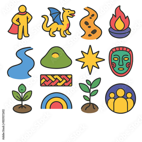 Mythic Icon Collection. Traditional Tale Elements isometric flat set: hero figure, mythic creature, trail symbol, ceremonial fire, river curve, earth mound, guiding star,