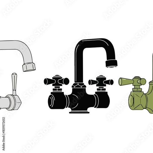 Collection of Different Faucets and Taps Isolated on White Background, Water Supply Fixtures Set