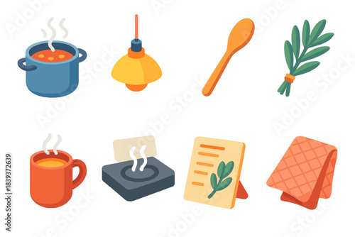 Cozy Cooking Icons. Home Cooking Atmosphere Set isometric flat set: simmering pot, warm kitchen lamp, wooden spoon, herb bundle, cozy mug, stovetop steam, recipe card, kitchen
