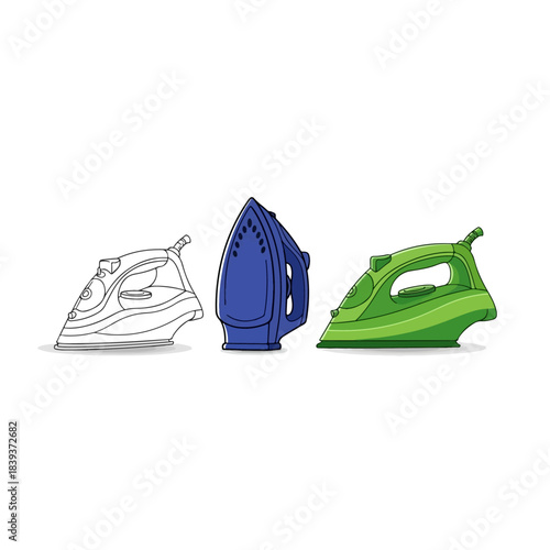 Set of electric irons, essential household appliance for clothing care, modern steam irons vector illustration