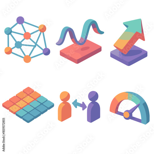 Colorful System Dynamics Icons. Self-Organizing System States flat isometric set: feedback-driven node mesh, emergent order line, adaptive shift arrow, pattern convergence tile,