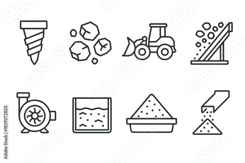 Mining Process Icons. Extraction operations set linear set: drill head, fragmentation debris, scoop loader, rock sorter, slurry pump, sediment tray, mineral concentrate, offload