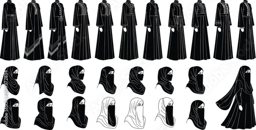 Black Silhouette Vector Set of Traditional Arabic Women's Abayas, Dresses, Hijabs, Niqabs, Islamic Clothing, Modesty, Muslim Fashion Collection.