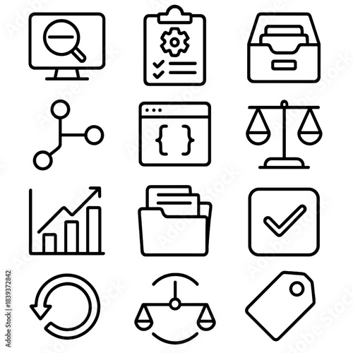 Maintenance Tools Icons. Operational Maintenance Tools Icons linear set: system scan icon, diagnostics report, asset log, spare parts bin, version control symbol, automation script