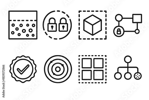 Secure Architecture Blueprint. Secure Architecture Blueprint linear set: zoning diagram, trust boundary line, isolation chamber, protected data path, compliance seal,