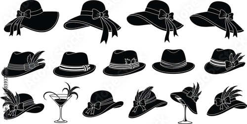 Black Silhouette Vector Set of Vintage Women's Hats and Cocktail Glass, Fashion Accessory, Feathers, Bows, Cloche, Fedora, Roaring Twenties.