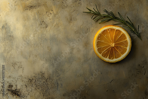 Rustic composition with fresh orange slice and rosemary sprig on textured stone surface. Warm tones and natural imperfections, organic earthy mood, for culinary, restaurant, or food-themed designs