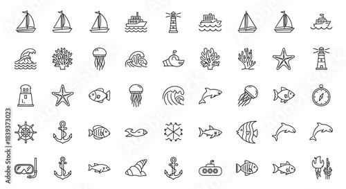 Collection of nautical icons, showcasing various searelated elements and objects, isolated on for easy use in design projects
