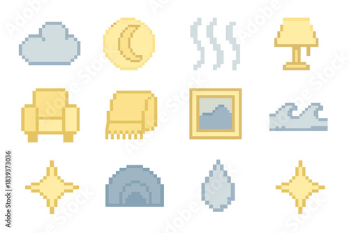 Calm Slumber Icons. Calm Slumber pixel style set: soft cloud, moon halo, gentle breath icon, dim light, restful chair, warm throw, quiet frame, calm wave, sleepy spark, night arc,