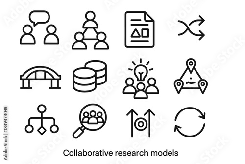 Collaborative Research Icons. Collaborative Research Models Icons linear set: joint study bubble, team nodes, shared framework sheet, co-analysis arrows, interdisciplinary bridge,