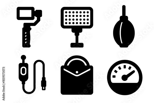Brutalist Photo Gear Icons. Photo Equipment Tools silhouette set: stabilizer grip, light diffuser, sensor blower, filter pouch, cable release, performance gauge.