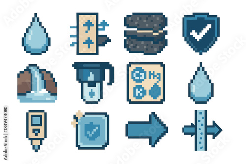 Safe Hydration Icons. Safe Hydration Elements pixel style set: pure water icon, filtration membrane, carbon layer slice, sediment catcher, safety seal badge, clean stream flow,