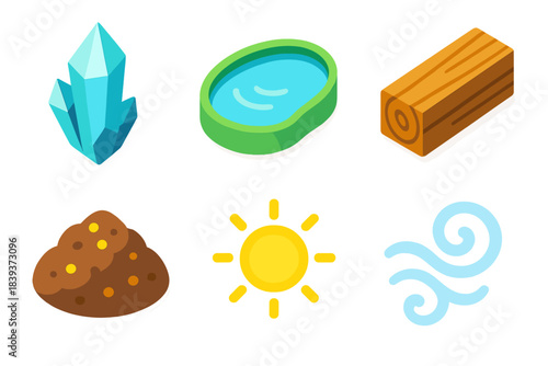 Essential Earth Icons. Essential Earth Materials isometric flat set: crystal shard, fresh water pool, wooden beam, nutrient soil, solar glow, airy swirl.