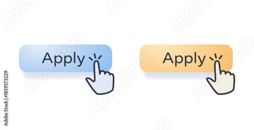 Apply icons set. Modern buttons with Apply and cursor pointer, blue and yellow colors. Job submit button icon. UI, UX