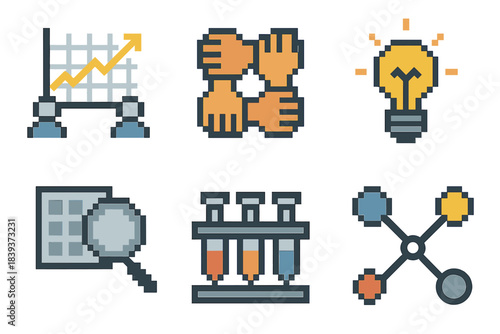 Collaborative Icons Collection. Collaborative discovery set pixel style set: shared graph, teamwork hands, insight bulb, research grid, sample tray, connection nodes.