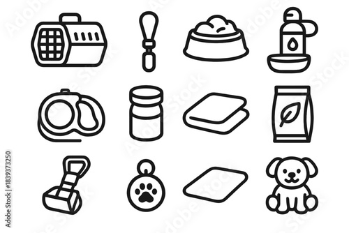 Pet Travel Essentials Icons. Pet Journey Gear linear set: portable kennel, car-seat tether, spill-proof bowl, travel water jug, travel leash, snack container, rest mat, grooming