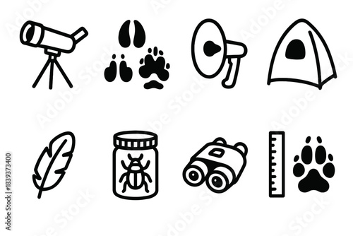 Wildlife Watching Tools. Wildlife Watching Kit linear set: spotting scope, animal tracks, listening parabolic, hide tent, feather find, insect jar, night-vision viewer, footprint