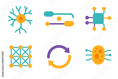 Biological Computing Icons. Biological computing modules flat set: neuron-mimic core, synapse link bridge, dynamic pathway bar, signal integration node, adaptive mesh tile,