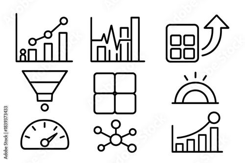 Analytics Icon Set. Growth Insight Set linear set: audience trend line, engagement pulse bar, expansion arrow, discovery funnel icon, viewer segment tile, reach diffusion arc,