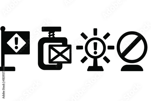 Bold Vector Icons. Resilient Control Systems silhouette set: anomaly flag prism, reinforced actuator clamp, risk indicator orb.