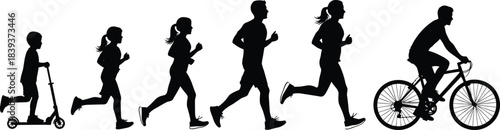 Silhouettes of people walking, running, and cycling in motion sequence, illustrating physical activity and human locomotion