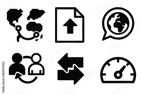 Global Collaboration Icons. Global Collaboration Patterns silhouette set: region-connecting path, shared file tile, global communication bubble, cultural exchange icon,