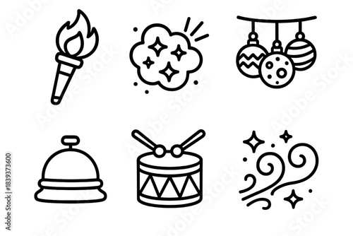 Festive Celebration Icons. Memorable festivities linear set: glowing torch, glitter cloud, ornament cluster, table bell, celebration drum, festive swirl.
