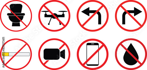 Prohibited icons collection. ban symbols. no toilet, no drone, no right turn, no left turn, no smoke, no video, no phone icons, no water icons 