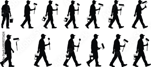 Silhouettes of person walking with paint roller and bucket in twelve-step motion sequence, illustrating dynamic movement and labor