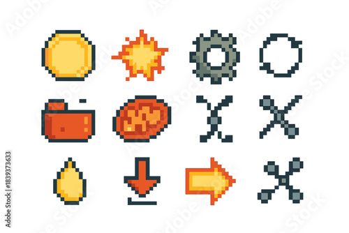 Cell Metabolism Icons. Cell Metabolism Elements pixel style set: glucose hexagon, ATP burst, enzyme gear, metabolic loop, nutrient carrier, mitochondria flare, breakdown pathway