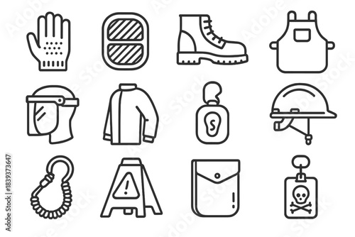 Technical Safety Icons. Technical Fieldwork Protection linear set: cut-resistant gloves, vibration-dampening pads, anti-slip footwear, protective apron, face shield, reinforced
